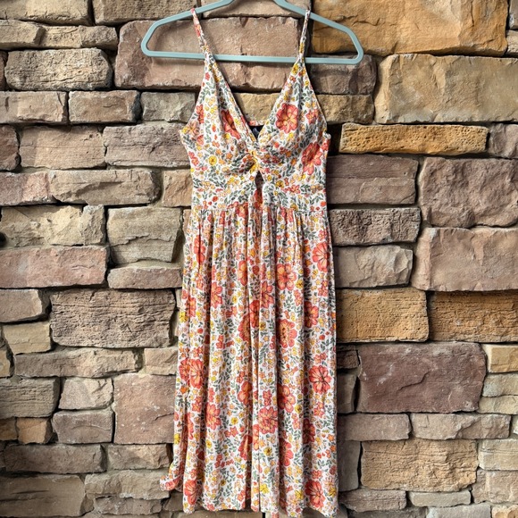 ANGIE Floral Twist Front A-Line Midi Dress Spaghetti Strap Boho Peasant - Picture 3 of 10